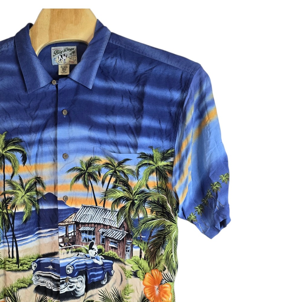 Big Dogs Mens 2X Vintage Tropical Sunset Classic Car Rayon Hawaiian Shirt Blue